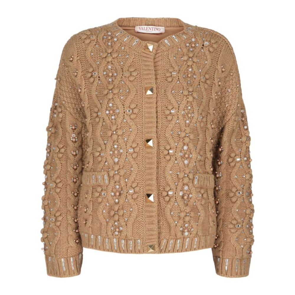 Valentino Embroidered Wool-Blend Cardigan Brown Womens
